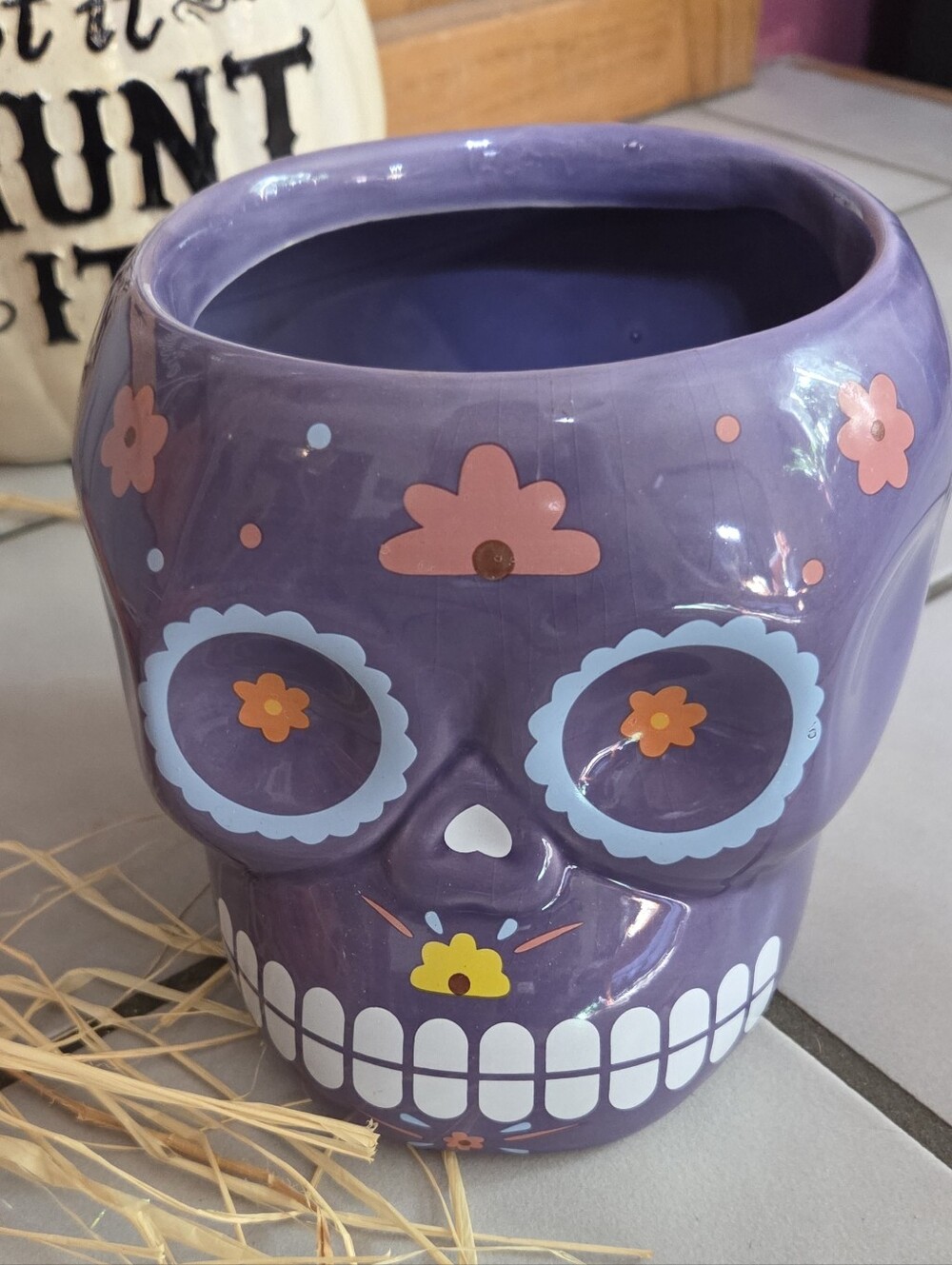 Purple Floral Sugar Skull Ceramic Vase Halloween